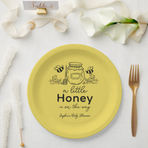 Honey Hand-drawn Jar & Bees Yellow Baby Shower Paper Plate