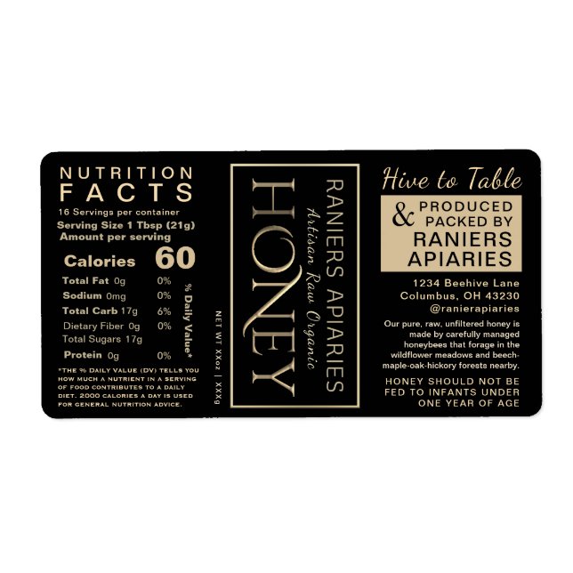 Honey Hex 3-Panel Nutrition Facts & Infant Warning (Devant)