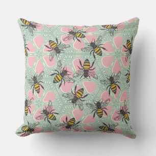 honey hive floral pink aqua throw pillow