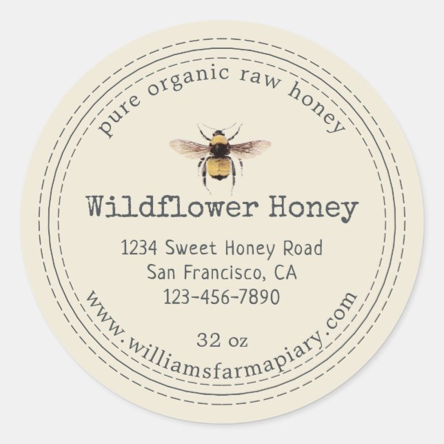 Honey Jar Étiquette Honeybee Apière Antique Blanc (Devant)