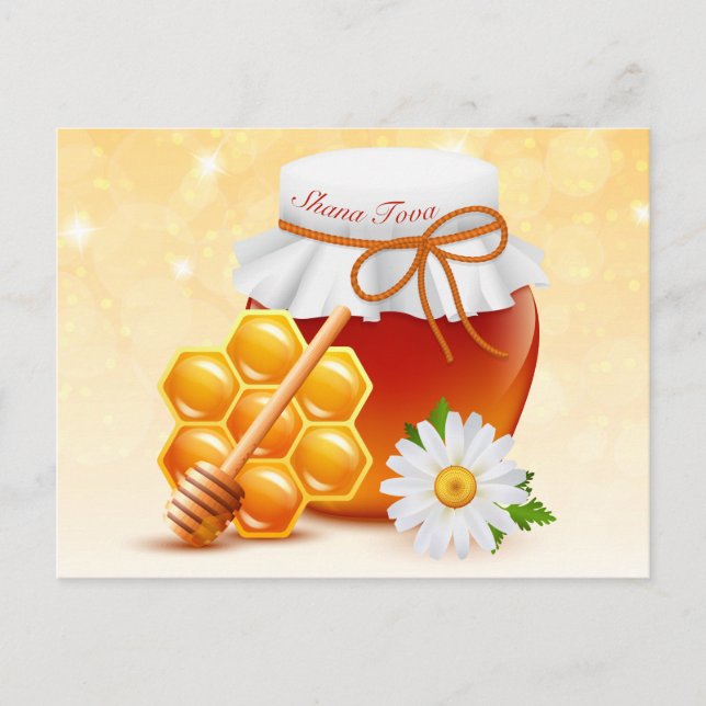 Honey Jar, Honeycomb, Daisy Rosh Hashanah Postcard (Front)