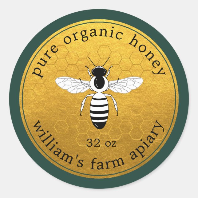 Honey Jar Label Bee Apiary Gold Honeycomb Green (Front)