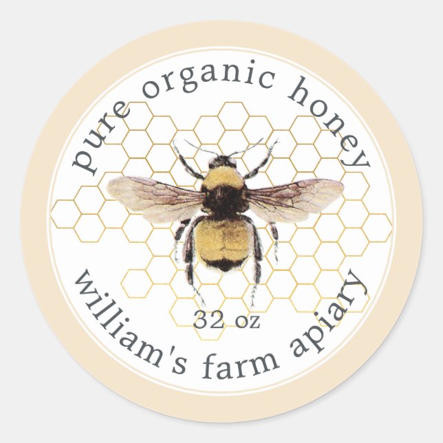 Honey Jar Label Honey Bee Apiary Honeycomb Gold (Front)