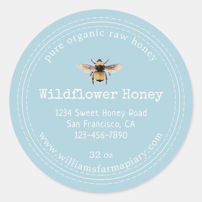 Honey Jar Label Honeybee Apiary Blue Glow (Front)