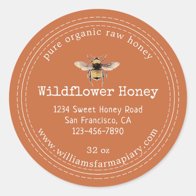 Honey Jar Label Honeybee Apiary Burnt Orange (Front)