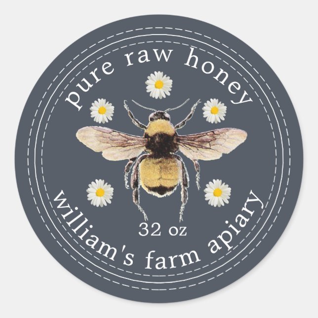 Honey Jar Label Honeybee Apiary Dark Blue (Front)