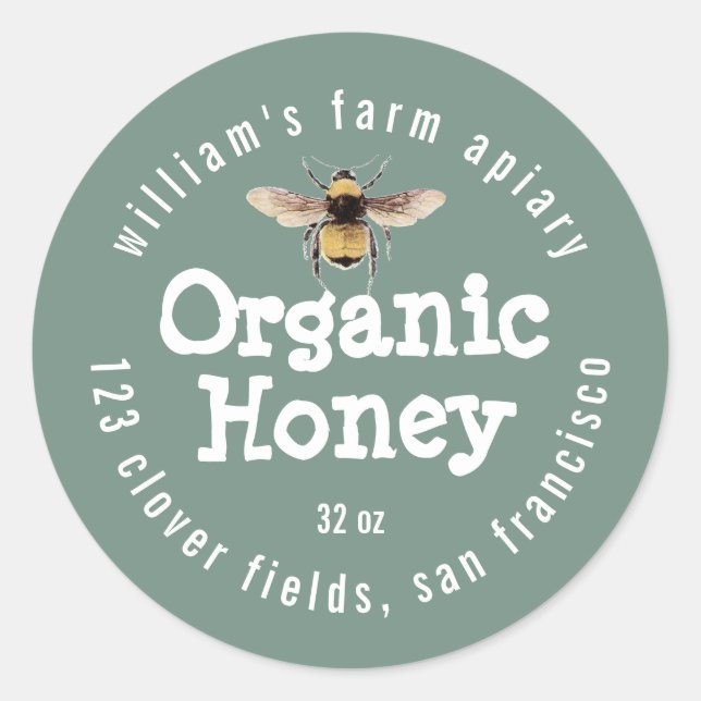 Honey Jar Label Honeybee Apiary Dusty Green (Front)
