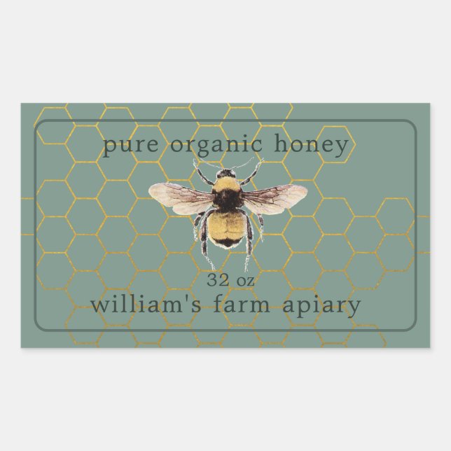 Honey Jar Label Honeybee Apiary Dusty Green (Front)