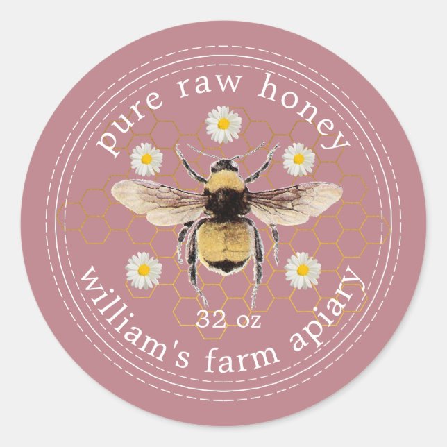 Honey Jar Label Honeybee Apiary Dusty Rose (Front)