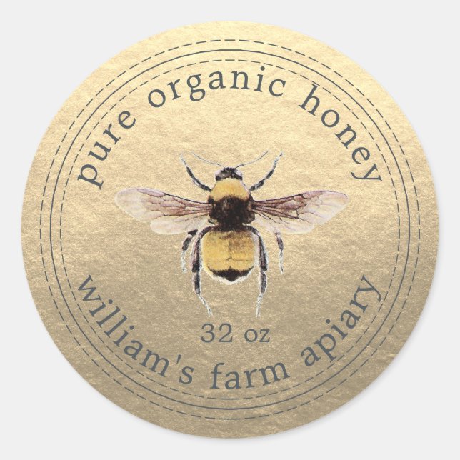 Honey Jar Label Honeybee Apiary Gold (Front)