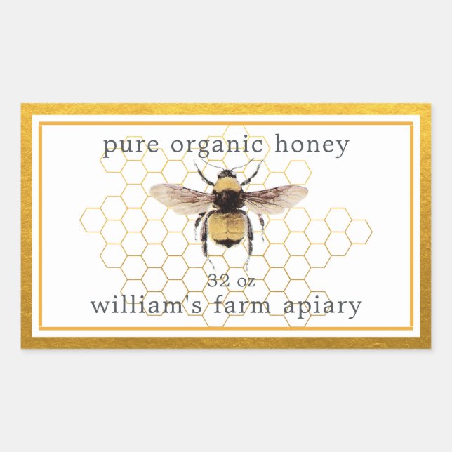 Honey Jar Label Honeybee Apiary Honeycomb Gold (Front)