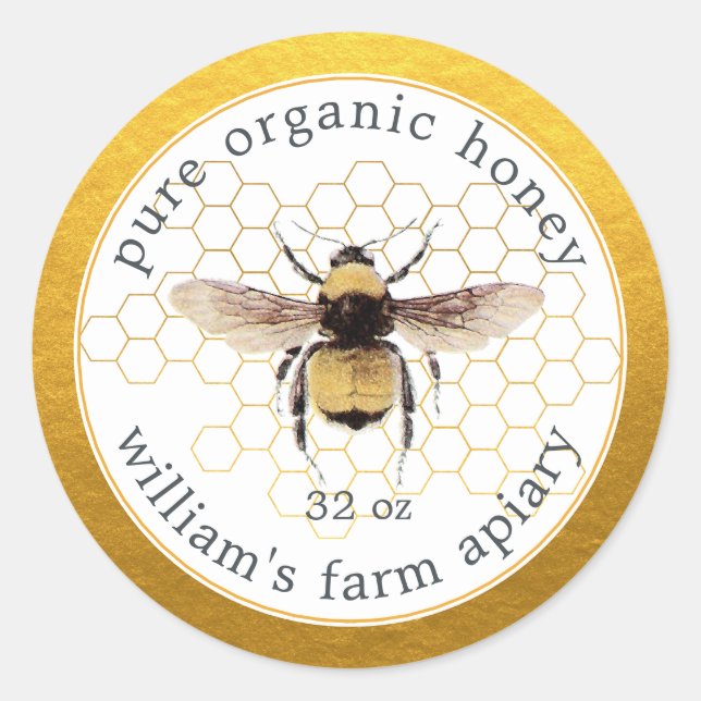 Honey Jar Label Honeybee Apiary Honeycomb Gold (Front)
