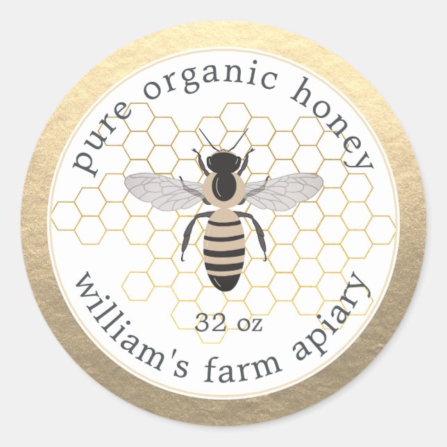 Honey Jar Label Honeybee Apiary Honeycomb Gold (Front)