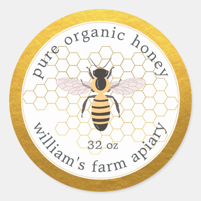 Honey Jar Label Honeybee Apiary Honeycomb Gold (Front)