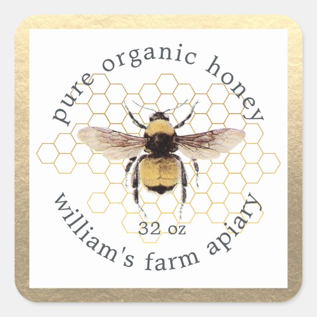 Honey Jar Label Honeybee Apiary Honeycomb Gold (Front)