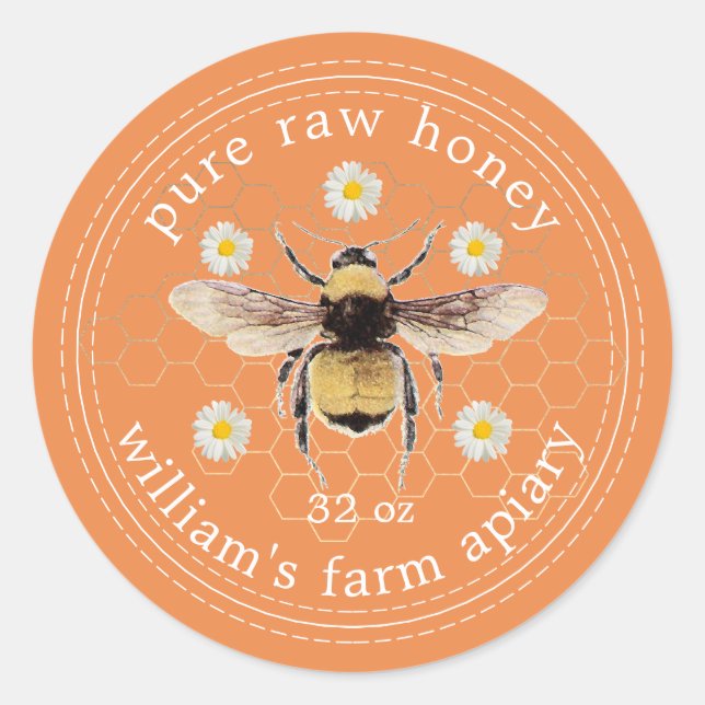 Honey Jar Label Honeybee Apiary Orange (Front)