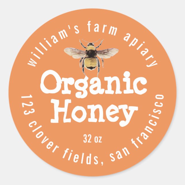 Honey Jar Label Honeybee Apiary Orange (Front)