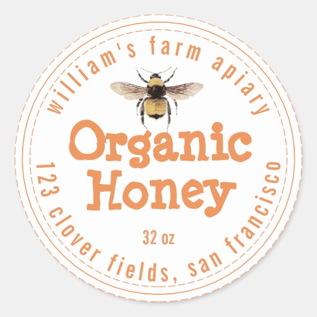 Honey Jar Label Honeybee Apiary Orange White (Front)