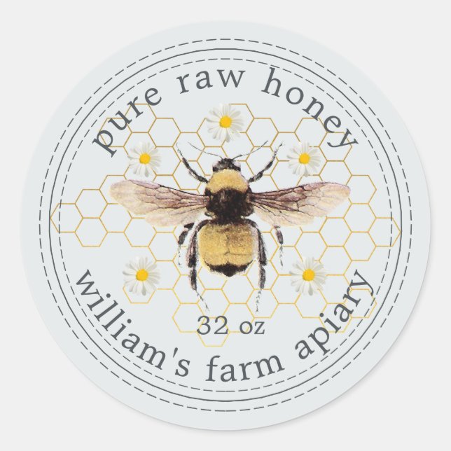 Honey Jar Label Honeybee Apiary Pale Blue (Front)