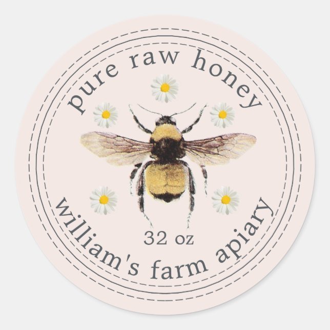 Honey Jar Label Honeybee Apiary Petal Pink (Front)