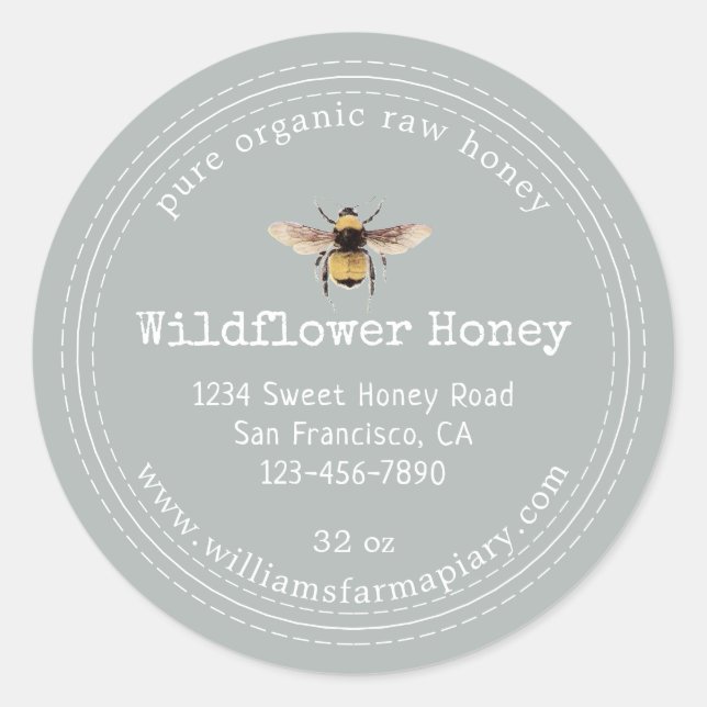 Honey Jar Label Honeybee Apiary Storm Grey (Front)