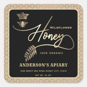 Honey jar modern script queen bee linen look square sticker