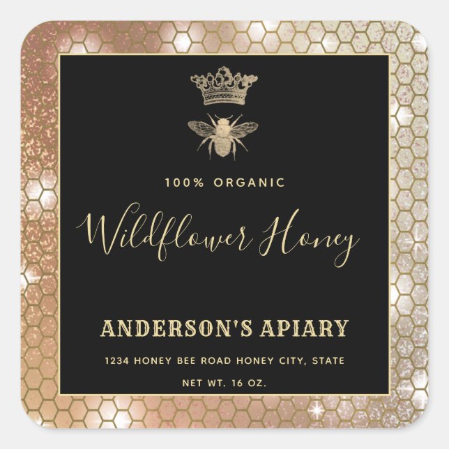 Honey jar modern script queen bee    square sticker (Front)