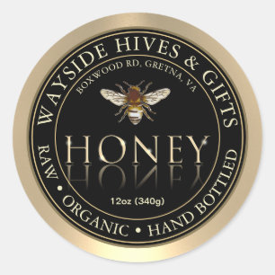 Honey Label Bee and Honeycomb on Black with Border