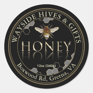Honey Label Bee and Honeycomb on Black with Border