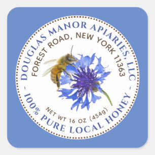 Honey Label Blue Flower Bee and Blue Text Border