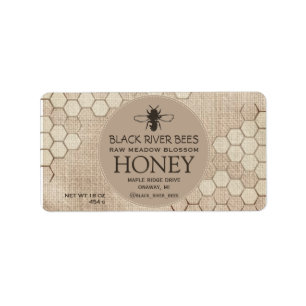 Honey Label Honeycomb and Stylized Bee on Muslin