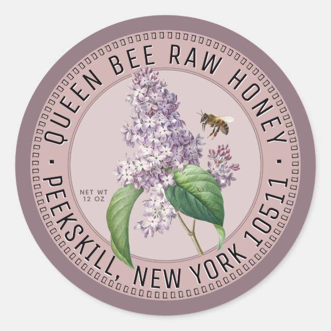 Honey Label with Bee and Lilac Flower Pink (Front)