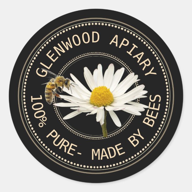 Honey Label with Bees and Daisy on Black (Front)