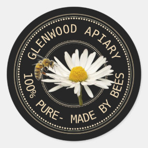 Honey Label with Bees and Daisy on Black