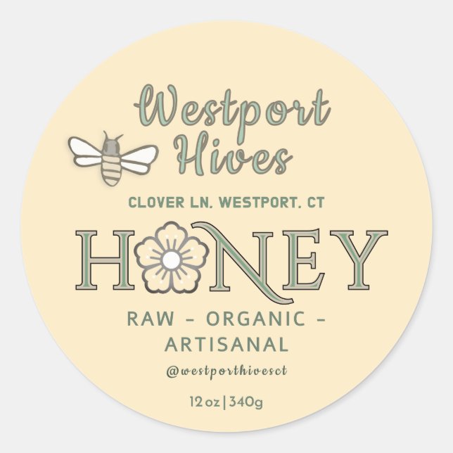 Honey label with stylized flower & cute bee design (Front)