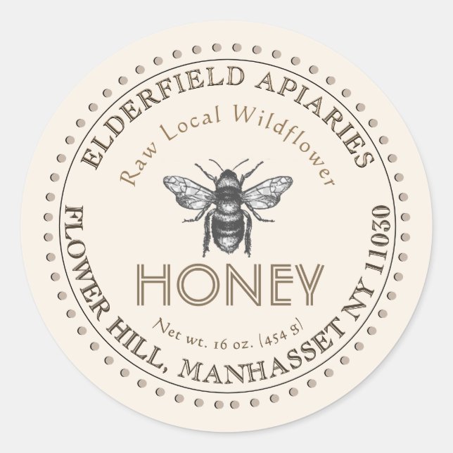 Honey Label with vintage honeybee dotted border (Front)