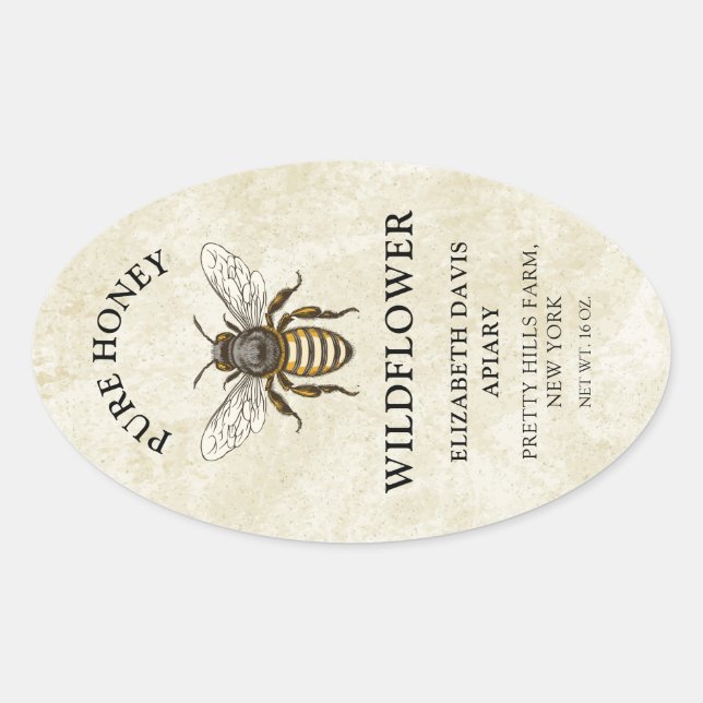 Honey label with vintage style honey bee (Front)