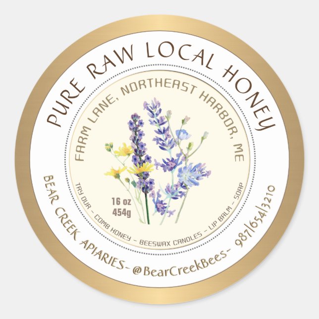 Honey Label with Wildflowers and Gold Border (Front)