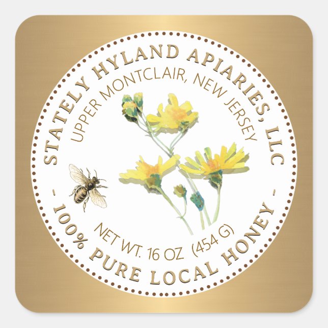 Honey Label Yellow Flower Bee and Gold Border (Front)