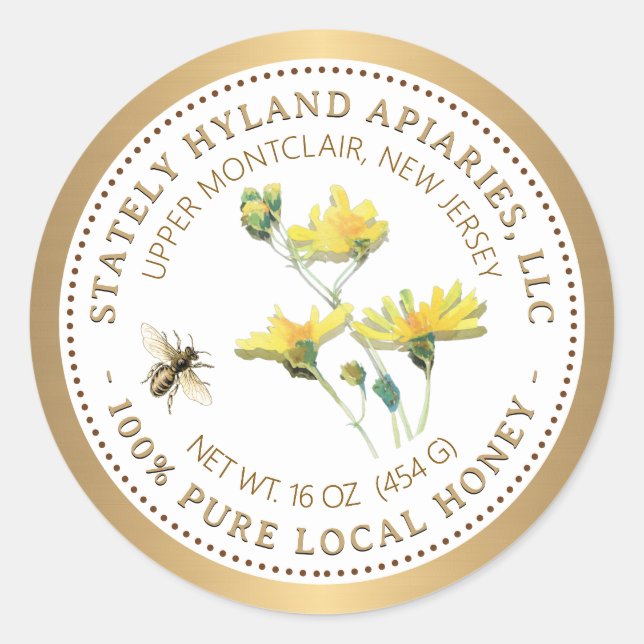 Honey Label Yellow Flower Bee and Gold Border (Front)