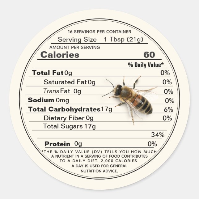 Honey Nutrition Facts Abeille de taille Étiquette  (Devant)