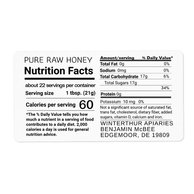 Honey Nutrition Facts Apiary Name shipping label (Front)
