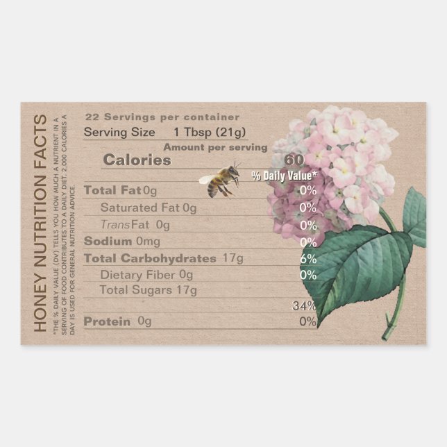 Honey Nutrition Facts Hydrangea Honeybee Kraft  Sticker (Front)
