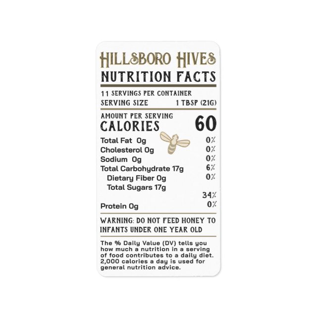 Honey Nutrition Facts Infant Warning Apiary Name   Label (Front)