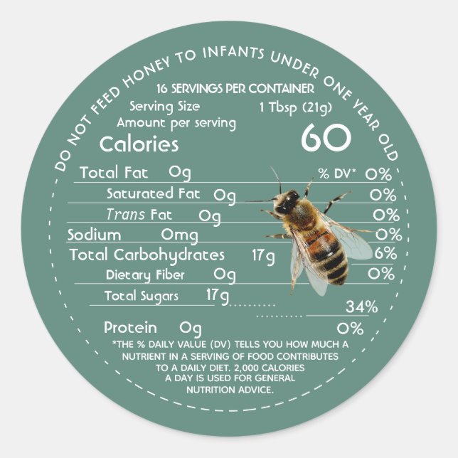 Honey Nutrition Facts Infant Warning & Bee Green C Classic Round Sticker (Front)