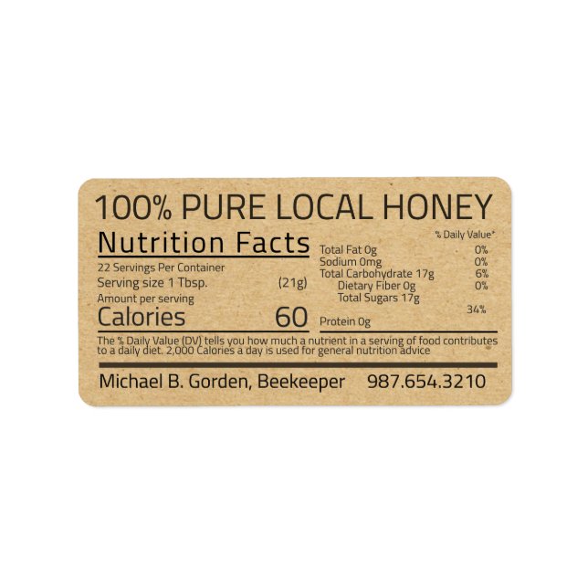 Honey Nutrition Facts Kraft Étiquette de adresse (Devant)