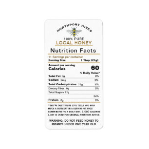 Honey Nutrition Facts with Infant Warning & Bee Label