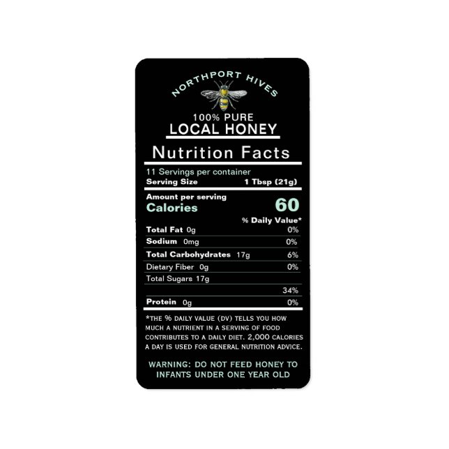 Honey Nutrition Facts with Infant Warning & Bee    Label (Front)