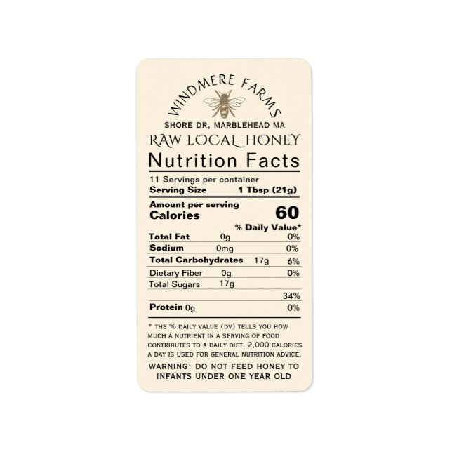 Honey Nutrition Infant Warning & Bee Address Size Label (Front)