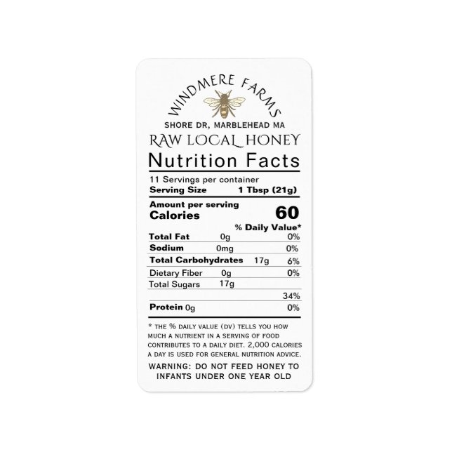 Honey Nutrition Infant Warning & Bee Address Size Label (Front)